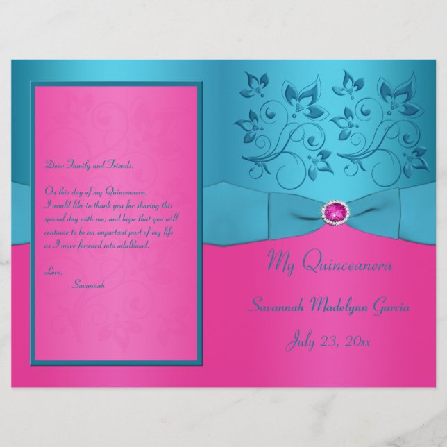 Fuchsia et Turquoise Floral Quinceanera Programme (Devant)