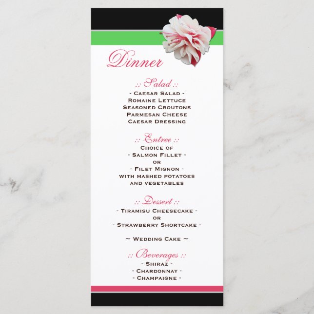 Fuchsia Flower Pink & Green Wedding Reception Menu (Devant)