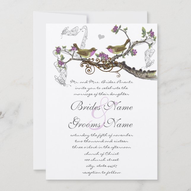 Fuchsia & Grey Vintage Birds Invitation au mariage (Devant)