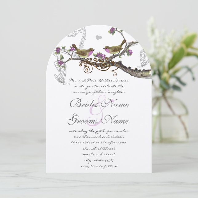 Fuchsia & Grey Vintage Birds Invitation au mariage (Debout devant)