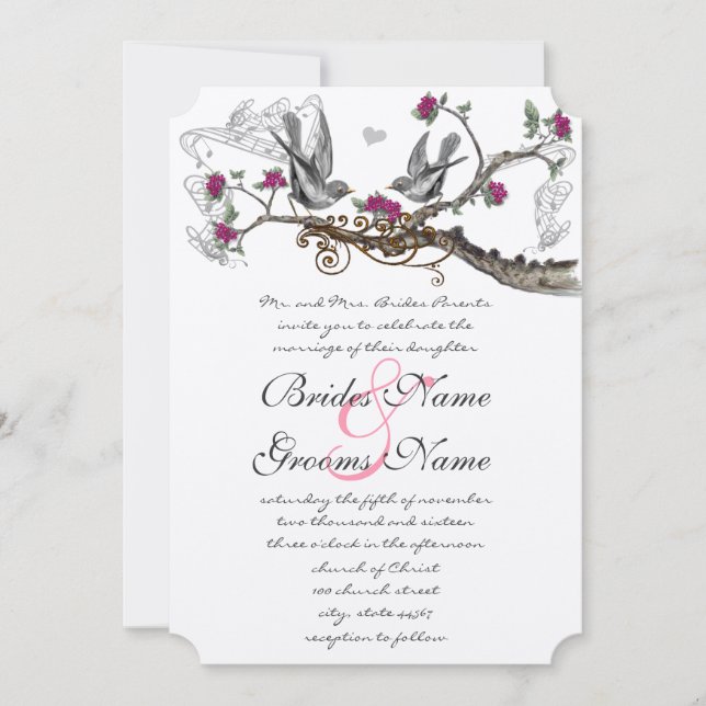 Fuchsia & Grey Vintage Birds Invitation au mariage (Devant)