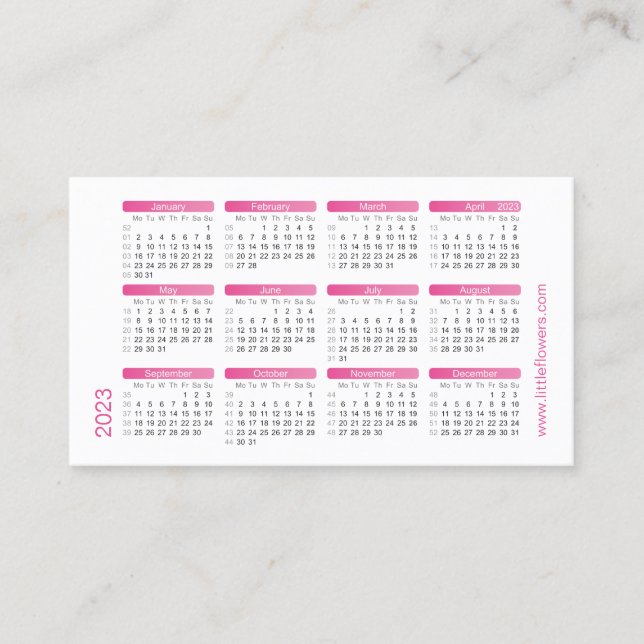 Fuchsia Mini Calendrier 2023. Modèle de carte prof (Devant)