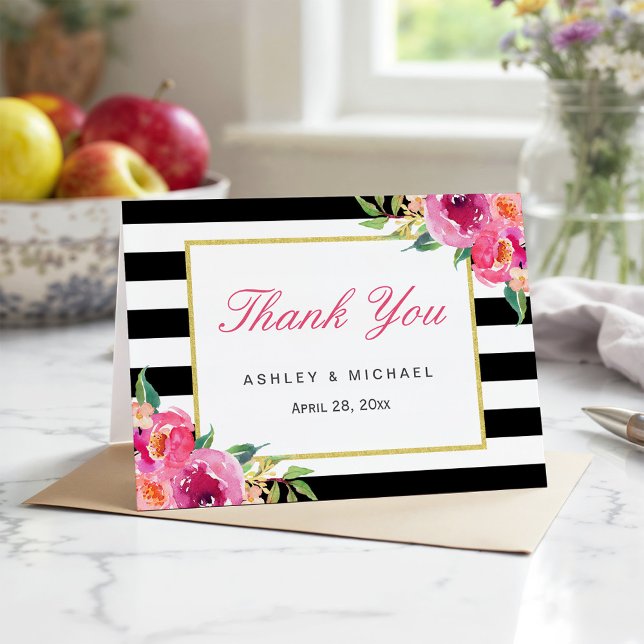 Fuchsia Pourpre Rouge Floral Bandes Noires Merci (Créateur téléchargé)