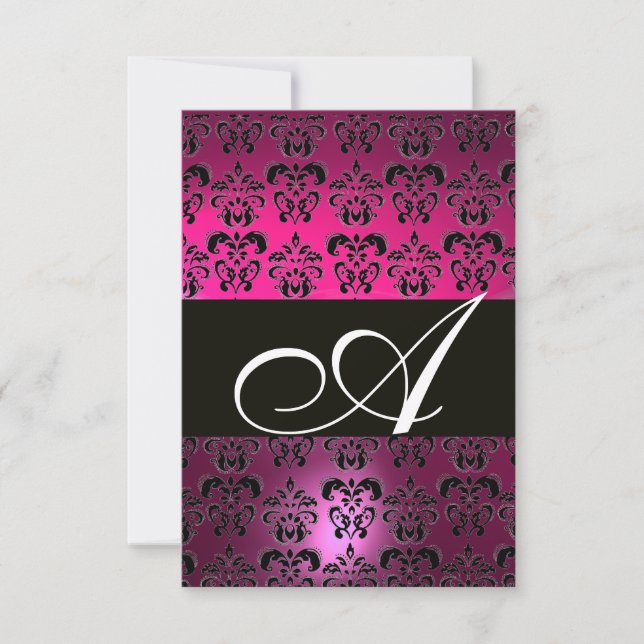 FUCHSIA PURPLE BLACK WHITE DAMASK MONOGRAM RSVP (Devant)