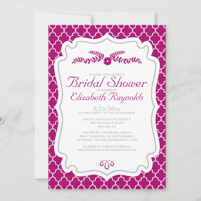 Fuchsia Quatrefoil Bridal Shower Invitations (Devant)