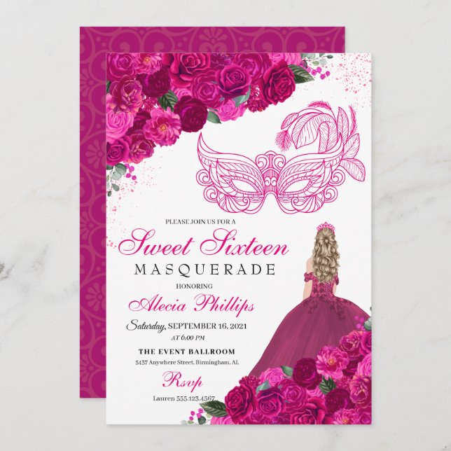 Fuchsia rose Floral Masquerade Sweet 16 Invitation (Devant / Derrière)