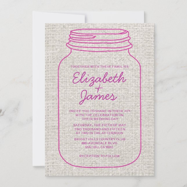 Fuchsia Russe Burlap Mason Jar Faire-part de maria (Devant)