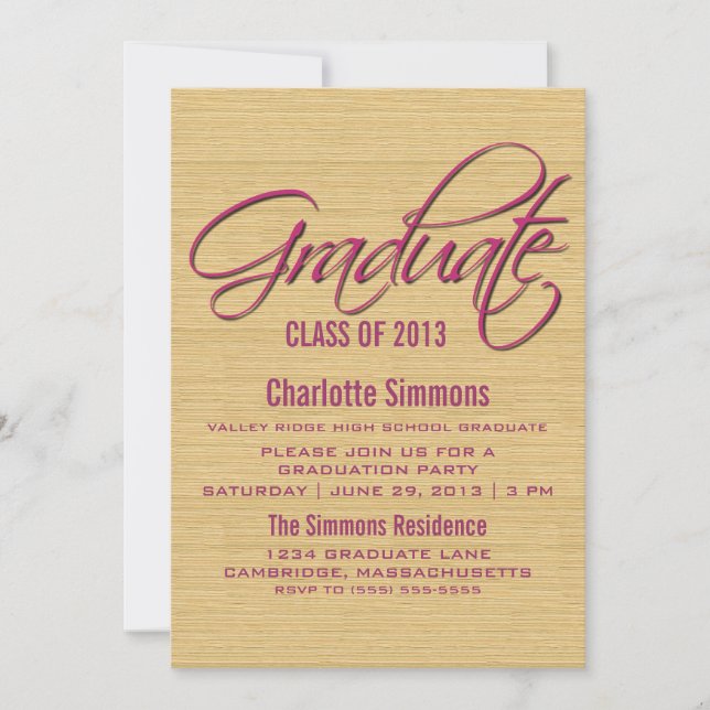 Fuchsia Rustic Script Invitation de graduation (Devant)