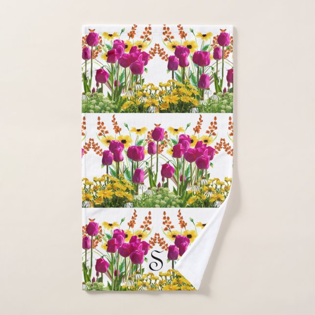 Fuchsia Tulipes rose Floral Monogramme serviette m (Serviette à main)