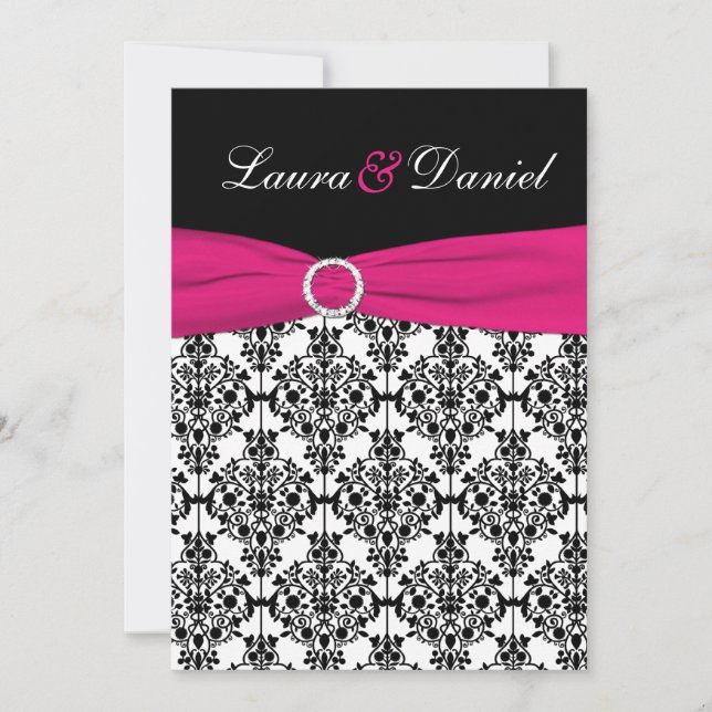 Fuchsia, White, Black Mariage damassé Invitation (Devant)
