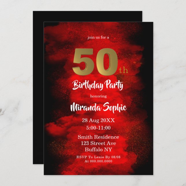 Fumée noire et rouge 50e anniversaire Invitations (Devant / Derrière)