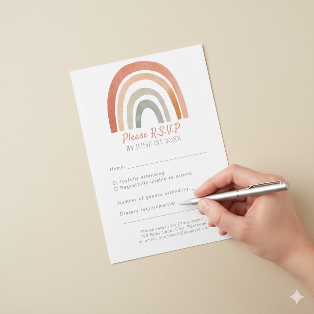 Fun arc-en-ciel rustique RSVP carte de réponse mar (Fun pastel rainbow R.S.V.P response card ready to be filled out and returned.)