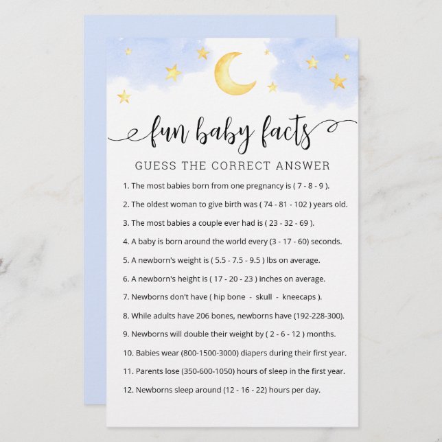 Fun Baby Facts Jeu avec réponses Baby shower parti (Devant / Derrière)