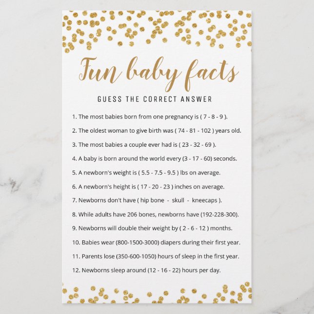 Fun Baby Facts Jeu avec réponses Baby shower parti (Devant)