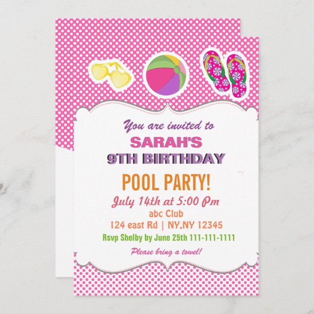 Fun Beach Ball flipflop filles Pool Invitations de (Devant / Derrière)