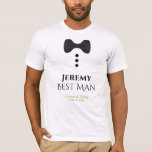 Fun Best Man Black Cravate Mariage T-shirt<br><div class="desc">Ces t-shirts amusants sont conçus comme des faveurs ou des cadeaux pour votre meilleur homme. Le t-shirt est blanc et présente l'image d'une cravate d'arc noir et trois boutons. Le texte dit Best Man, et a un endroit pour entrer son nom ainsi que le nom du couple mariage et la...</div>