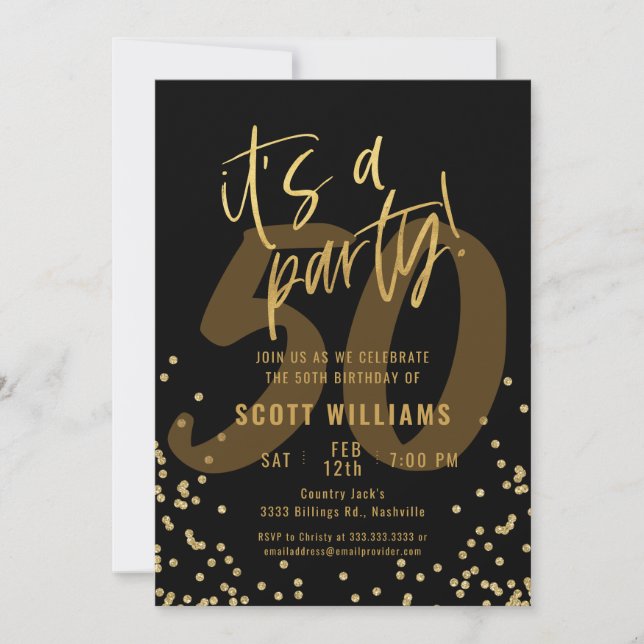 Fun Black and Gold 50th Birthday Party Invitation (Devant)