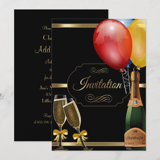 Fun Black and Gold Party Fête Invitation (Devant / Derrière)