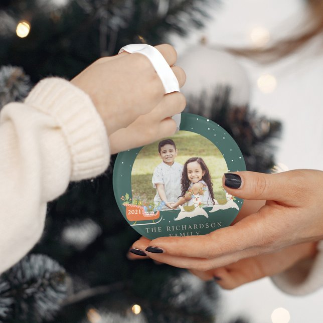 Fun Christmas Llama Reindeers & Sleigh Two Photo (Fun Christmas Llama Reindeers & Sleigh Two Photo Ornament)