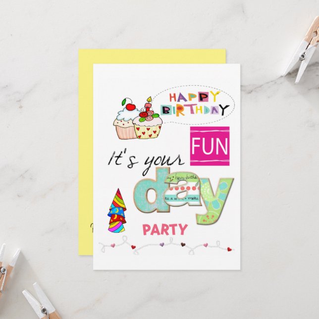 FUN Cupcake Bonne Invitation Anniversaire (Devant/Arrière en situation)
