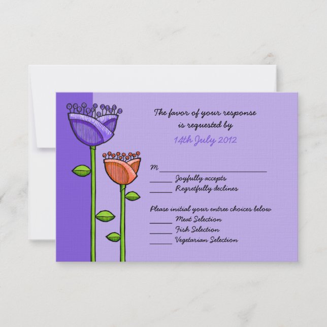 Fun Doodle Flowers violet orange Mariage Carte RSV (Devant)
