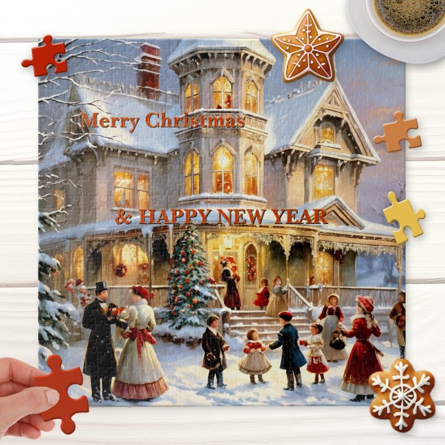 Fun Festive Vintage Noël Puzzle (Puzzle featuring a fun vintage illustration of happy people around a festively lit Christmas tree )