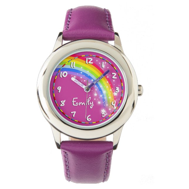 Fun filles arc-en-ciel violet nom poignet montre (devant)