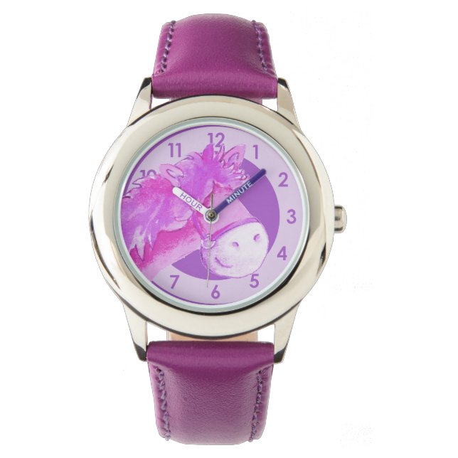Fun filles pony / cheval art poignet violet montre (devant)