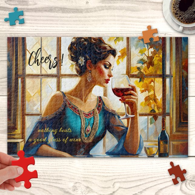 Fun Fine Art Red Wine Puzzle (Puzzle featuring a colorful painting of a lady drinking a glass of red wine.)