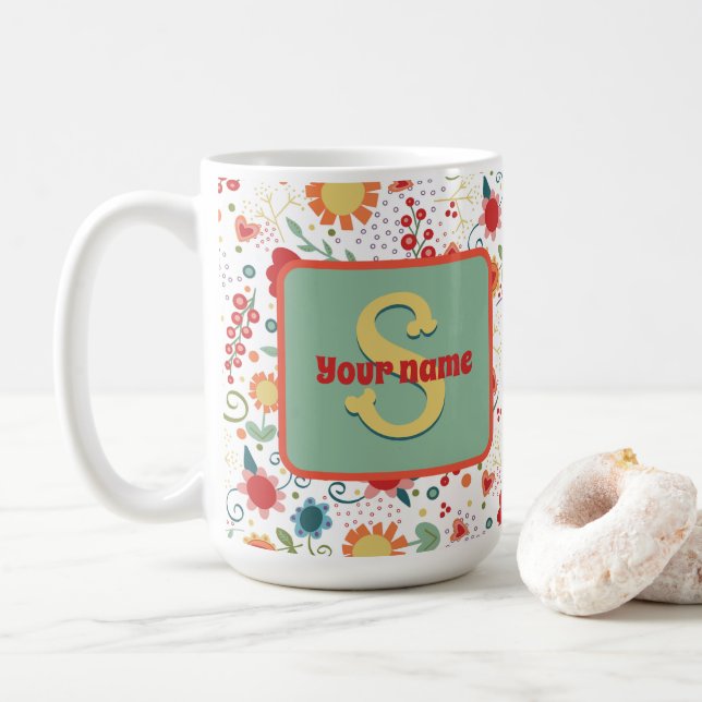 Fun Floral Monogramme Nom Inspirivity Café Mug (Avec donut)