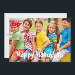 Fun Modern Happy Hanoukka Photo personnalisée<br><div class="desc">Ce design de vacances amusant et moderne comprend votre photo préférée avec le texte "Happy Hanoukka" avec votre nom de famille et date en typographie blanche. #hanoukka #chanukah #vacances #saisonnière #fête #moderne #photo #photo #addyourown #tendance #mode #design #mode #design #designer #populaires #papeterie #cartes #voeux #cartes de voeux #do-it-yourself #doitself #nom...</div>