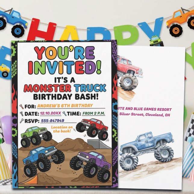 Fun Monster Trucks 6th Birthday Party Invitation (Créateur téléchargé)