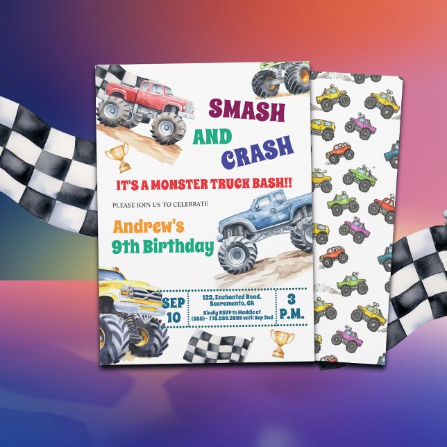 Fun Monster Trucks 9th Birthday Party Invitation (Créateur téléchargé)