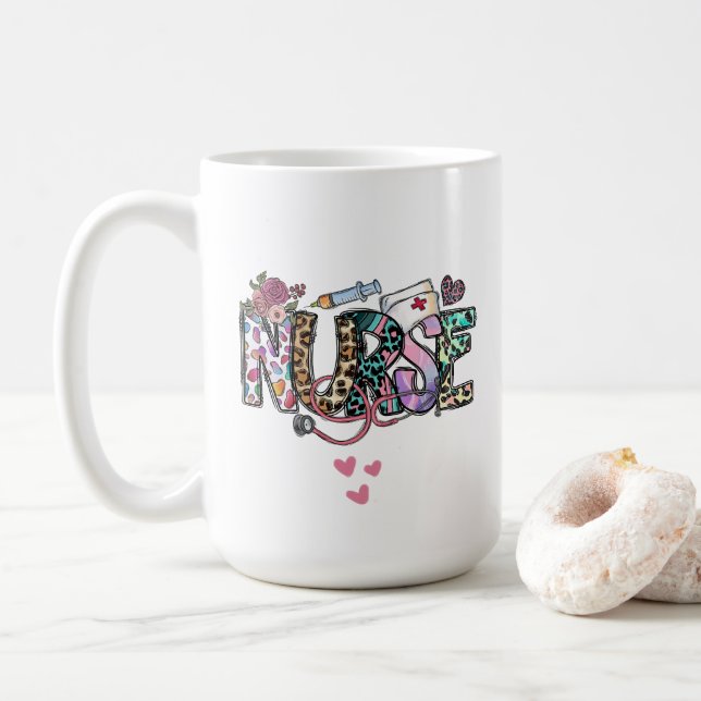 Fun Nurse Life Retro Typographie 15 oz Mug (Avec donut)