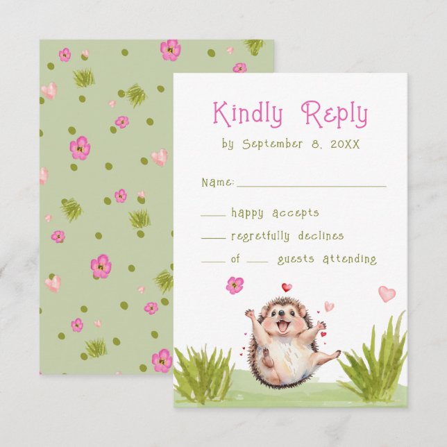 Fun Pastel Hedgehog Jardin Baby shower RSVP (Devant / Derrière)