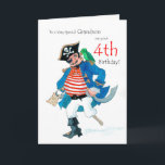 Fun Pirate 4e Anniversaire Carte pour Grandson<br><div class="desc">Carte d'anniversaire 4 pour un petit-fils très spécial,  avec un pirate joyeux et son perroquet,  d'une aquarelle de Judy Adamson. Vous pouvez modifier le texte intérieur si vous le souhaitez.</div>