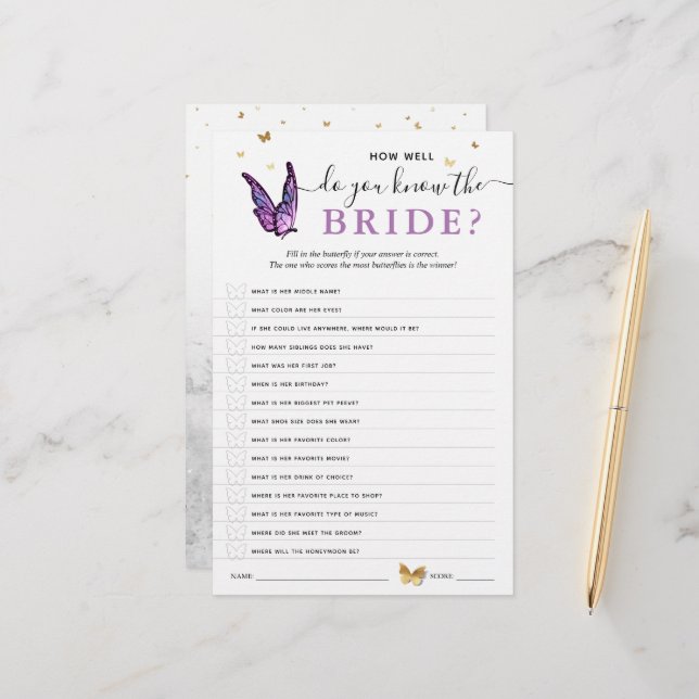 Fun Purple Watercolor Butterfly Bridal Shower Game (Devant/Arrière en situation)