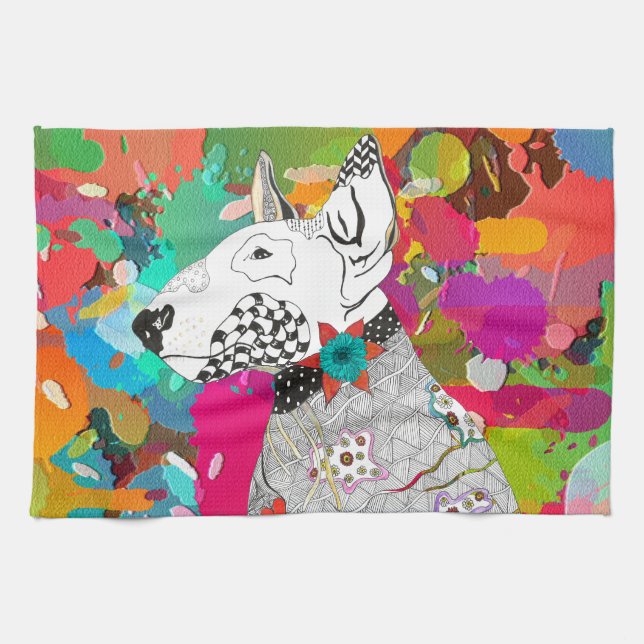 Fun Retro Bull Terrier Chien serviette de cuisine (Horizontal)