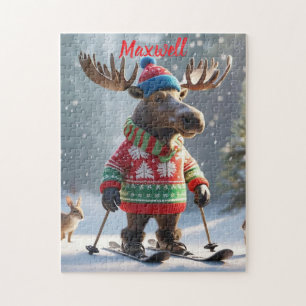Fun Skiing Moose Noël Puzzle personnalisé