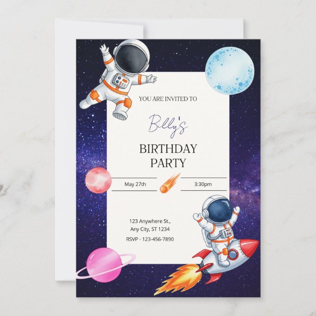 Fun Spaceman & Rocket Child's birthday invitation (Devant)