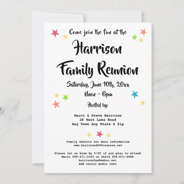 Fun Stars Family Reunion Party ou BBQ Invitation (Devant)