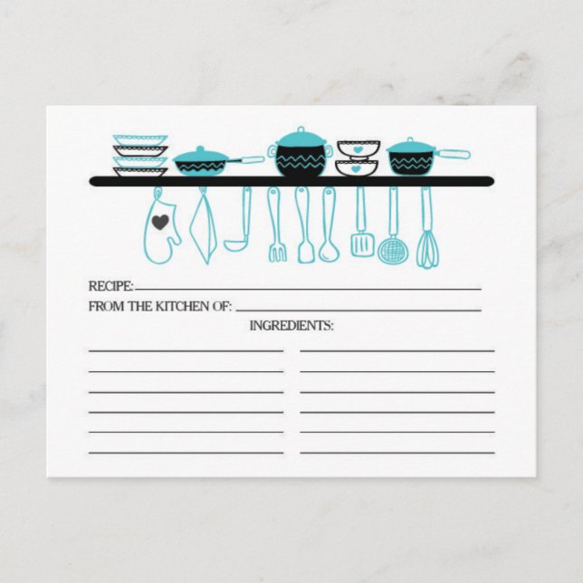 Fun Turquoise Cuisine Gadgets Bridal Recette Carte (Devant)