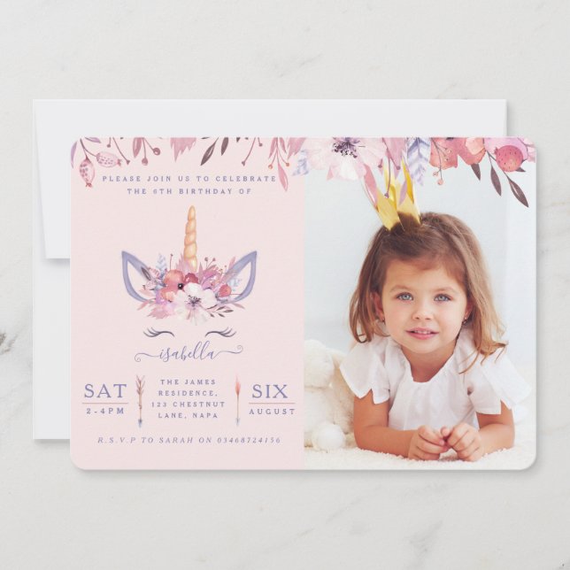 Fun Unicorn visage aquarelle photo invitation de l (Devant)