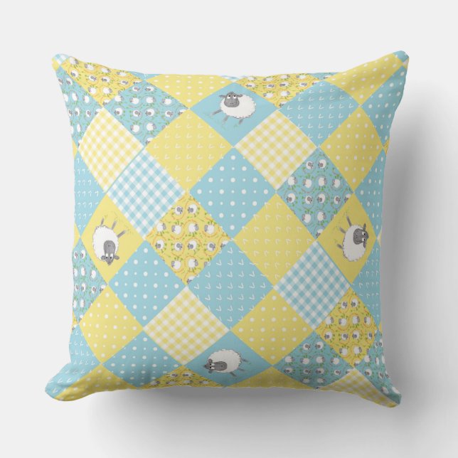 Fun Welsh Sheep, Faux Patchwork, Coussin ou coussi (Recto)