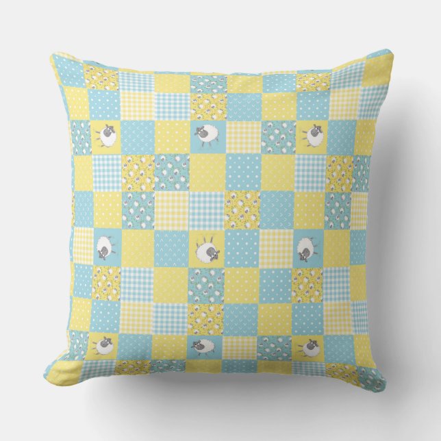 Fun Welsh Sheep, Faux Patchwork, Coussin ou coussi (Recto)