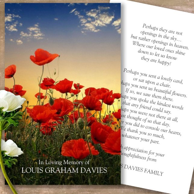 Funérailles Belles Poppies Prière Cartes de Sympat (military sympathy card, military prayer cards, funeral prayer card, death, military funeral cards)