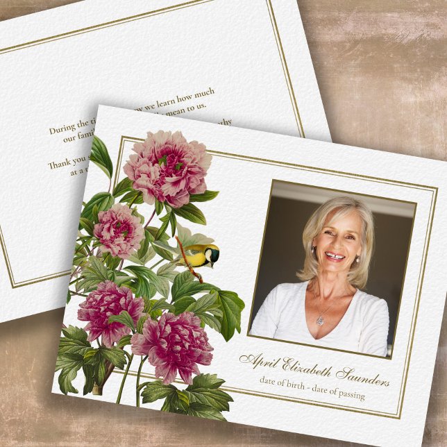 Funérailles Floral Rose Photo Sympathy Carte de re (Botanical Peony Luxury Bereavement Memorial Sympathy Funeral Thank You Card)