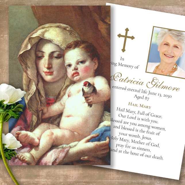 Funérailles Madonna Goldfinch Prière Cartes de Sym (catholic, religious, celebration of life, in loving memory of, prayer cards for bereavement)