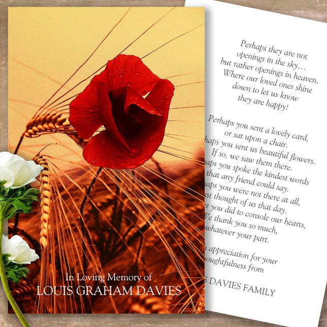 Funérailles Rouge Poppy Memorial Prière Cartes de  (military sympathy card, military prayer cards, funeral prayer card, death, military funeral cards)