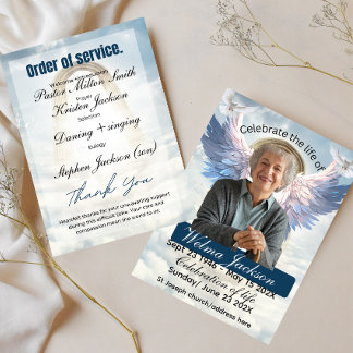 Funeral obituary elegant blue order of servicecard